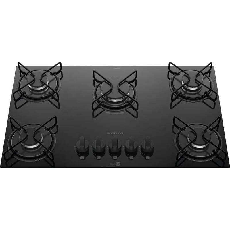 Cooktop a gás Atlas Agile Up de cinco bocas com mesa de vidro preta