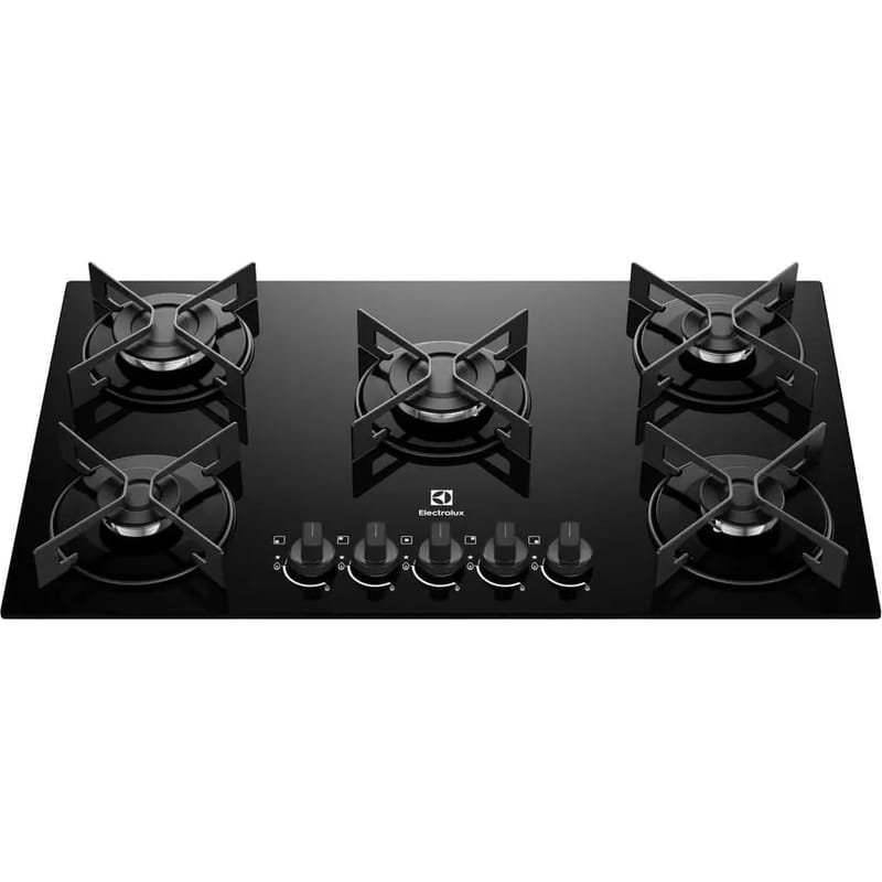 Cooktop a gás Electrolux de cinco bocas com mesa de vidro preta embutido em bancada